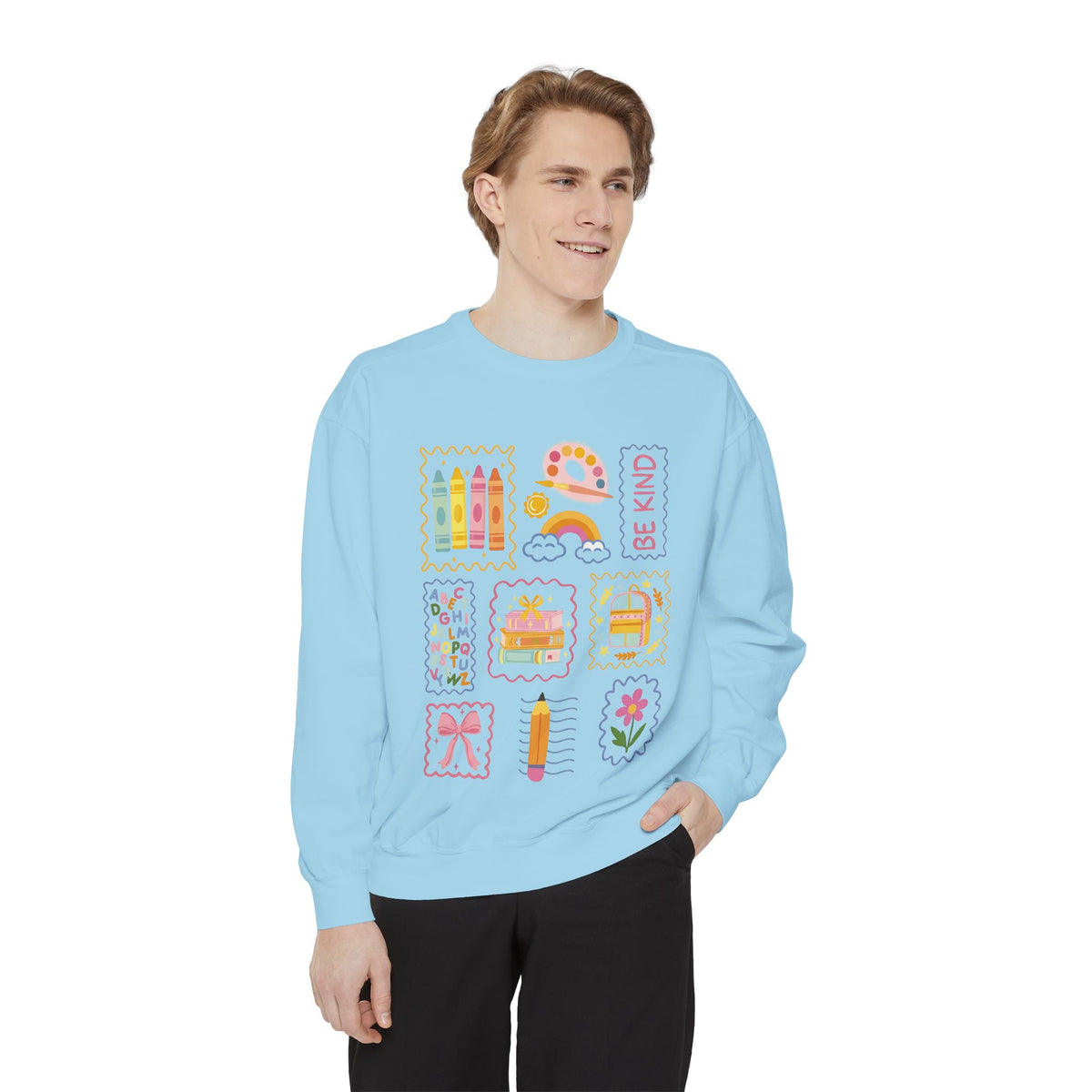 Be Kind Teacher Sweatshirt with Colorful Crayons & School Supplies