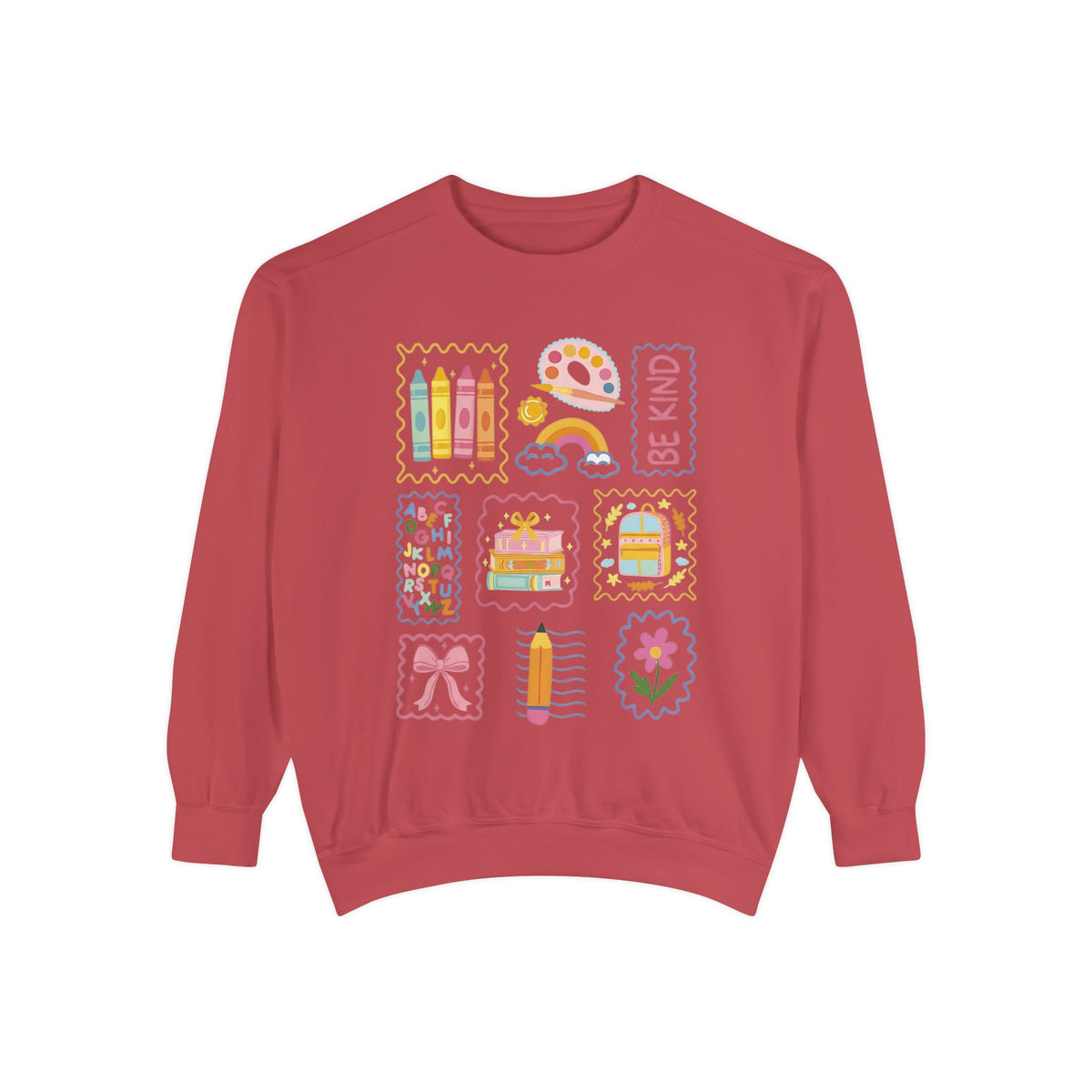 Be Kind Teacher Sweatshirt with Colorful Crayons & School Supplies