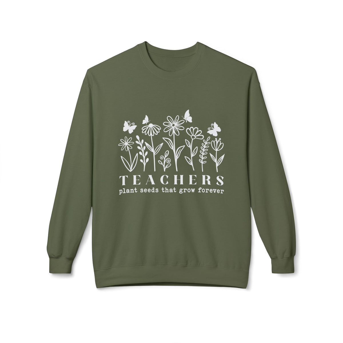 An olive green crewneck sweatshirt with a circular military-style crest graphic on the center chest, displayed against a plain white background.