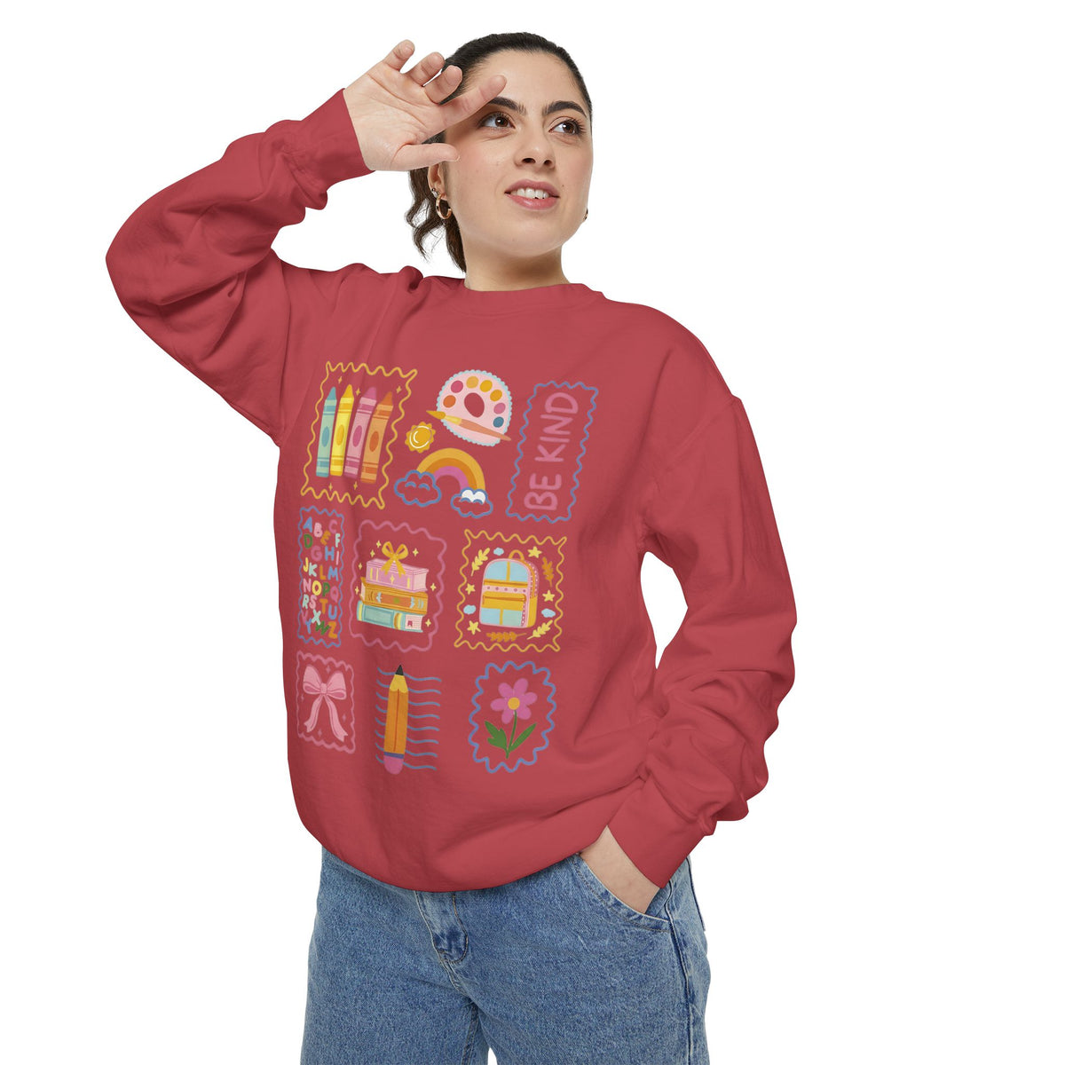 Be Kind Teacher Sweatshirt with Colorful Crayons & School Supplies