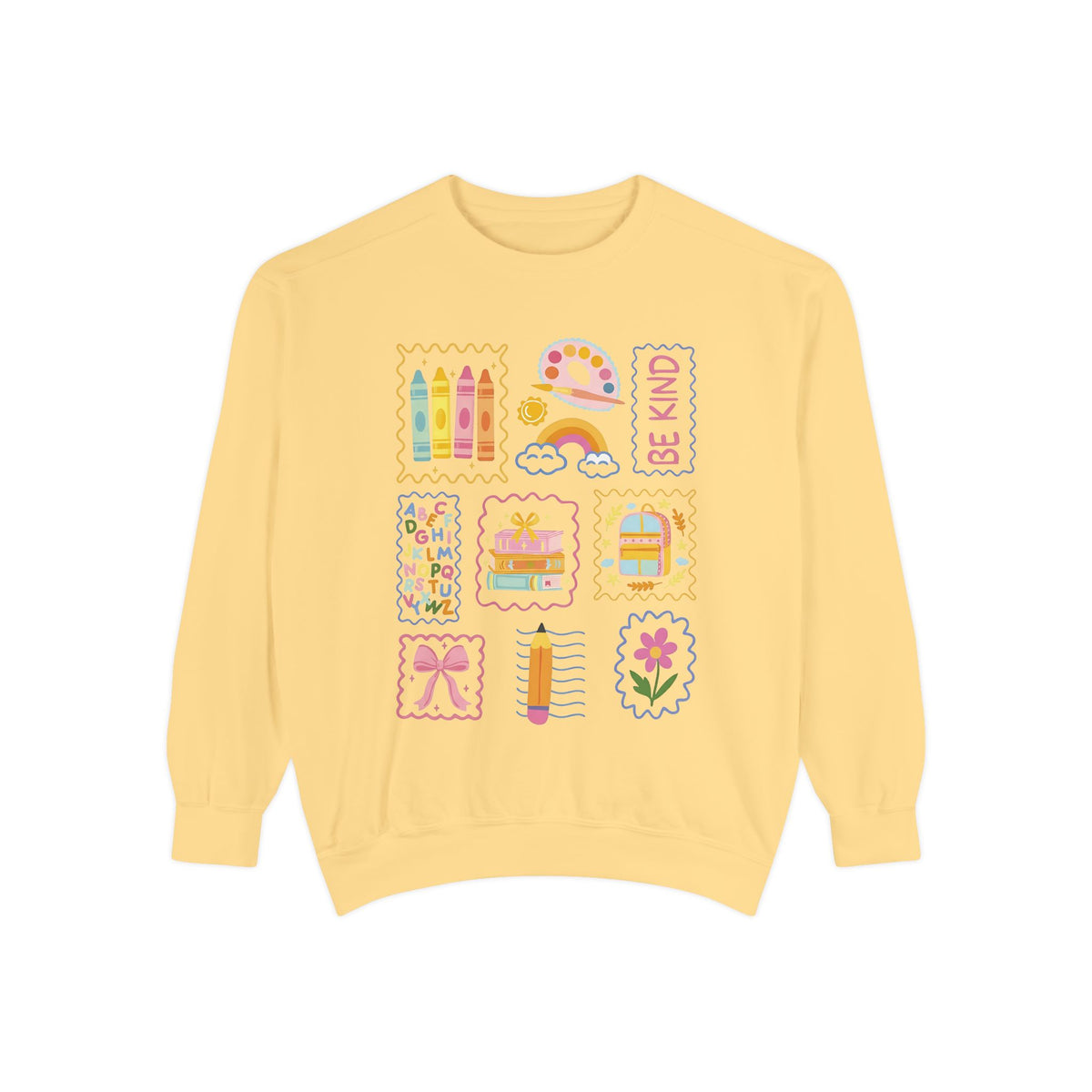 Be Kind Teacher Sweatshirt with Colorful Crayons & School Supplies