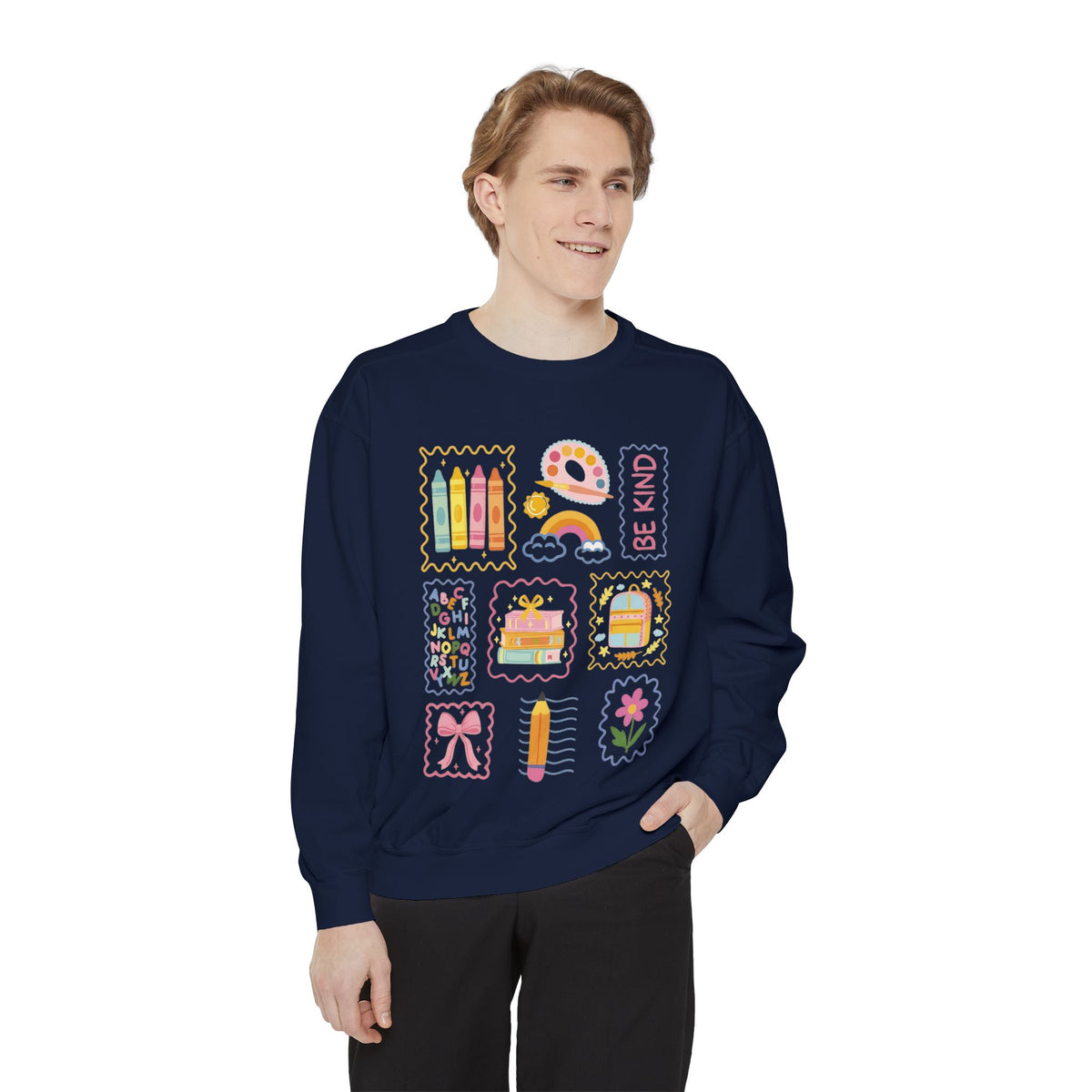 Be Kind Teacher Sweatshirt with Colorful Crayons & School Supplies
