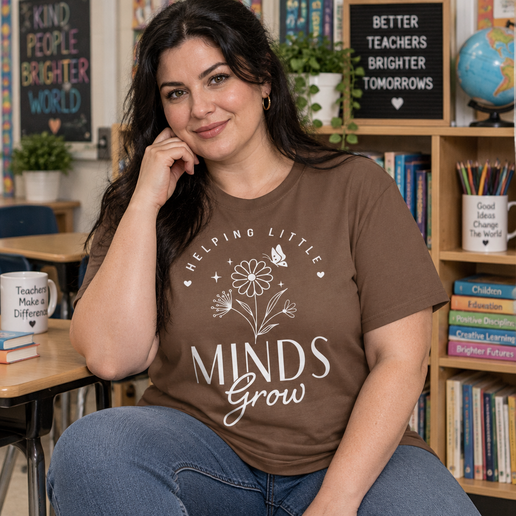 A woman wearing a brown graphic t-shirt with the text 'HELPING LITTLE MINDS Grow' and a white flower illustration, sitting in a classroom setting.