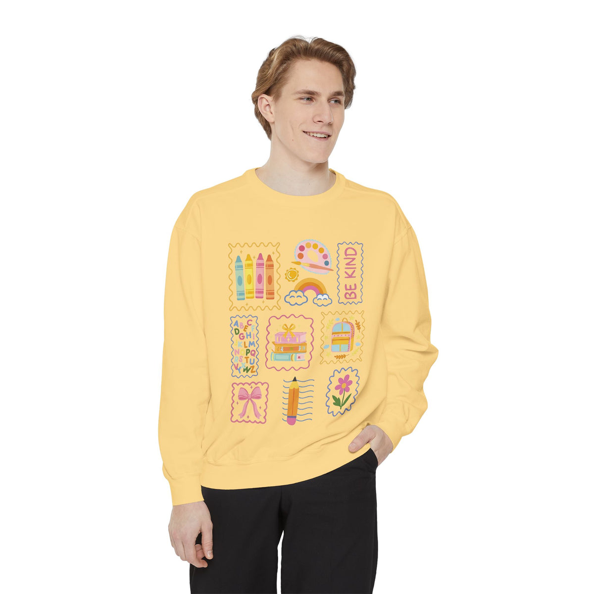 Be Kind Teacher Sweatshirt with Colorful Crayons & School Supplies