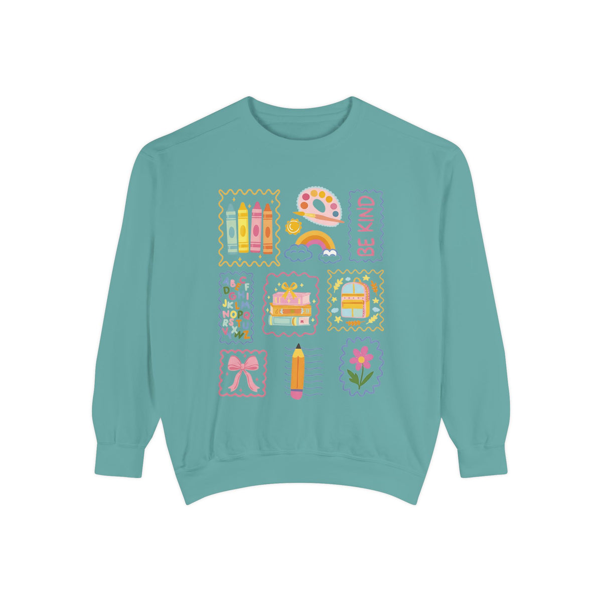 Be Kind Teacher Sweatshirt with Colorful Crayons & School Supplies