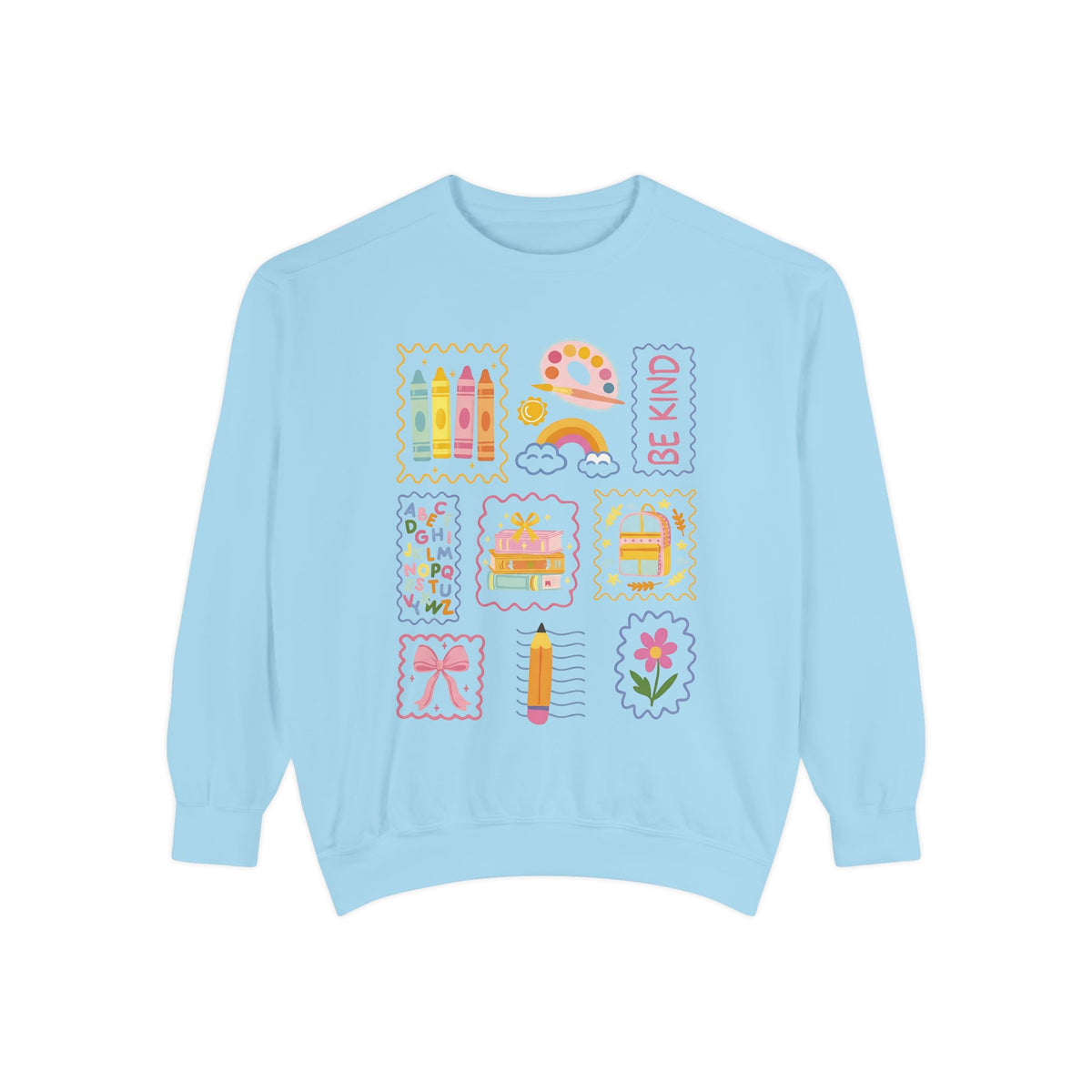 Be Kind Teacher Sweatshirt with Colorful Crayons & School Supplies