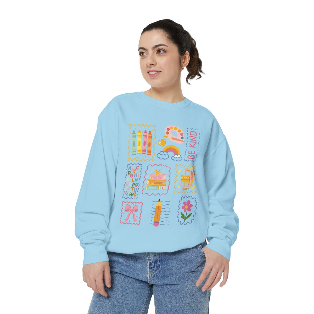 Be Kind Teacher Sweatshirt with Colorful Crayons & School Supplies
