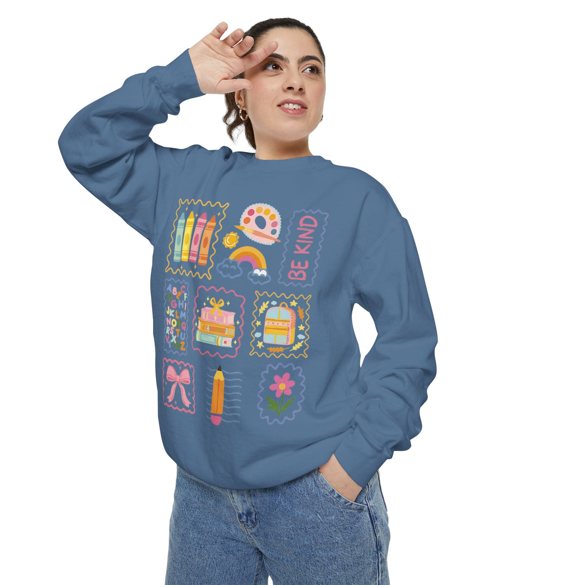 Be Kind Teacher Sweatshirt with Colorful Crayons & School Supplies