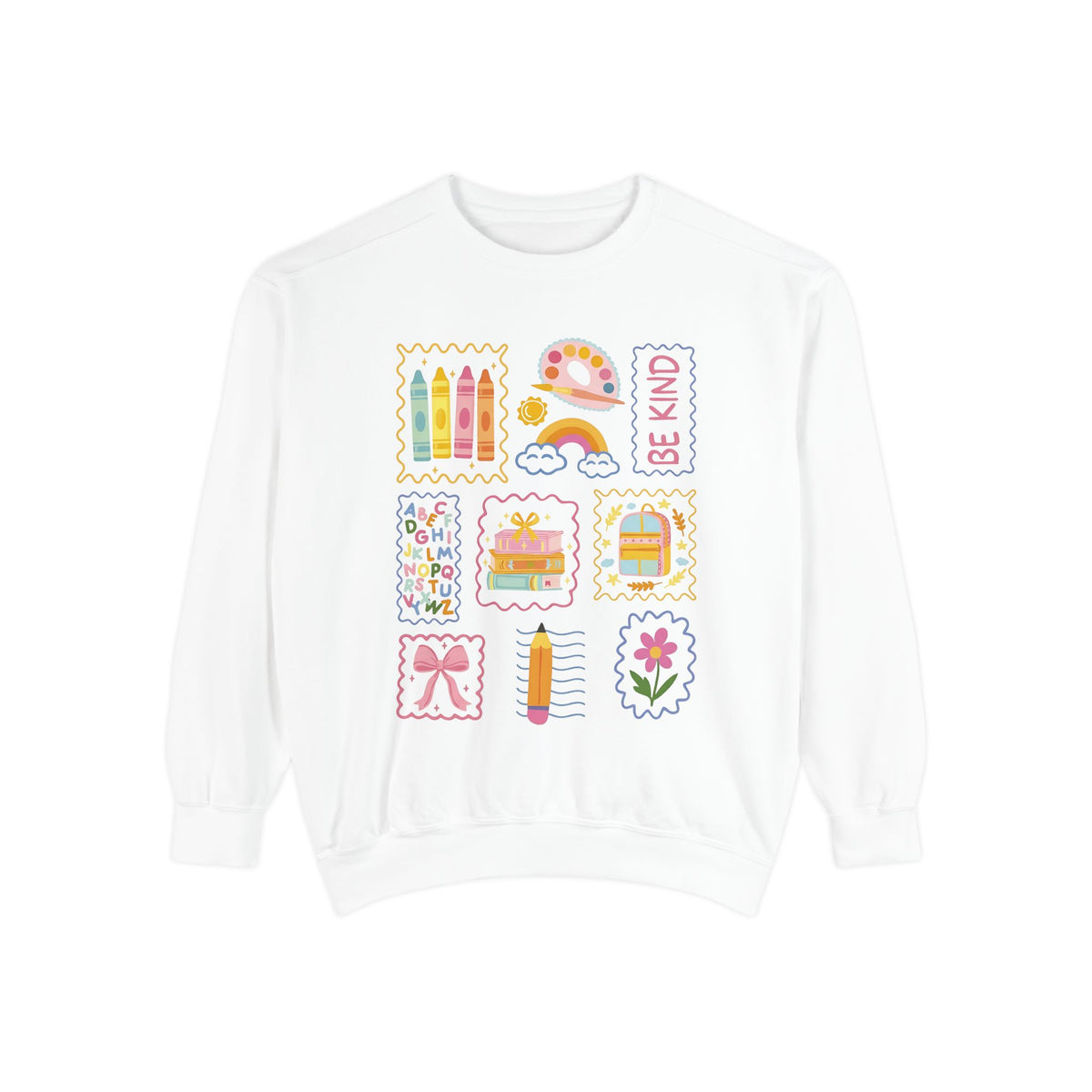 Be Kind Teacher Sweatshirt with Colorful Crayons & School Supplies
