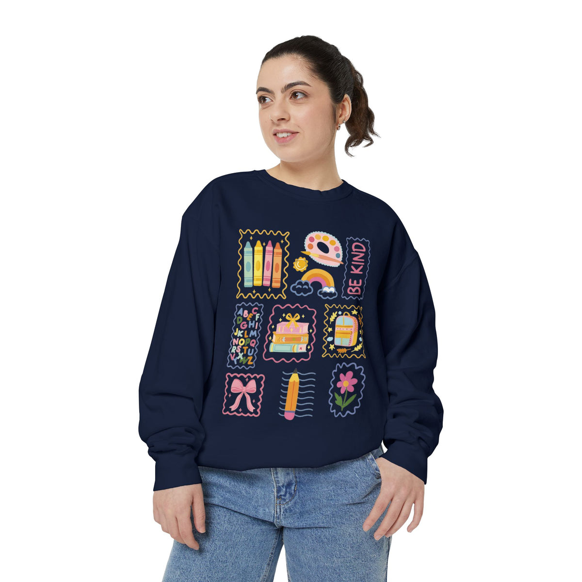 Be Kind Teacher Sweatshirt with Colorful Crayons & School Supplies
