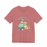 Pink t-shirt with a graphic of a boy and dog sitting together and 'Together Forever' text on a white background.