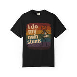 I Do My Own Stunts stick figure with arm sling T-shirt | vintage rainbow graphic