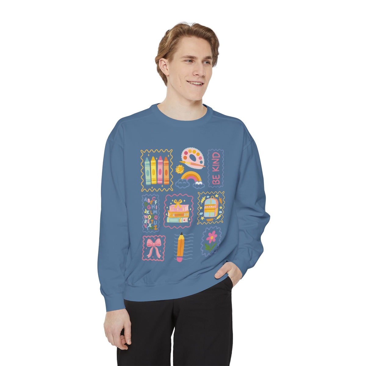Be Kind Teacher Sweatshirt with Colorful Crayons & School Supplies