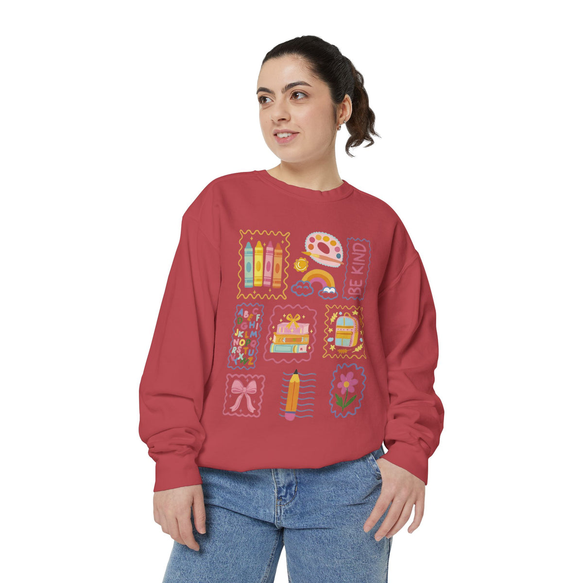 Be Kind Teacher Sweatshirt with Colorful Crayons & School Supplies
