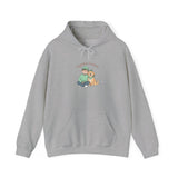 Gray hoodie with a graphic of a person and a dog on a white background