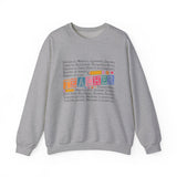 Gray sweatshirt with colorful text on a white background