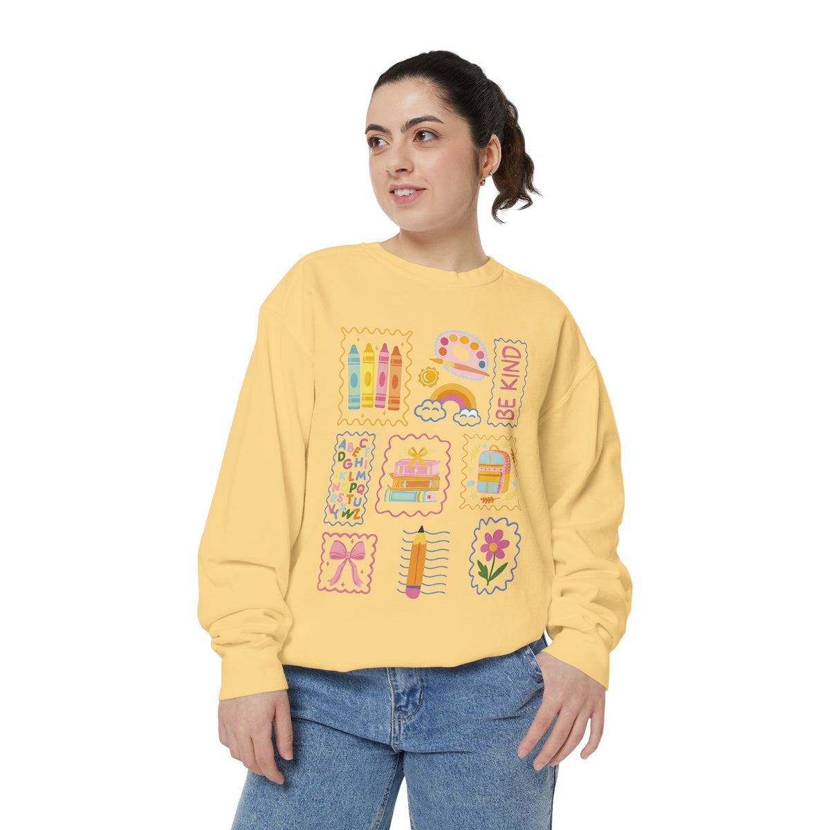 Be Kind Teacher Sweatshirt with Colorful Crayons & School Supplies