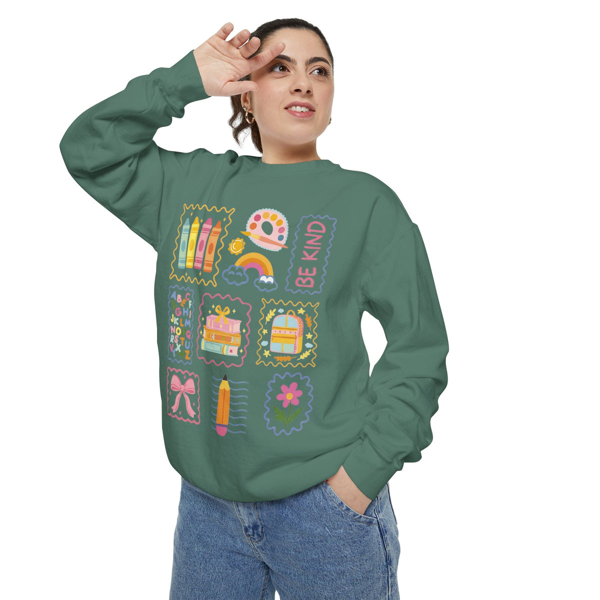 Be Kind Teacher Sweatshirt with Colorful Crayons & School Supplies