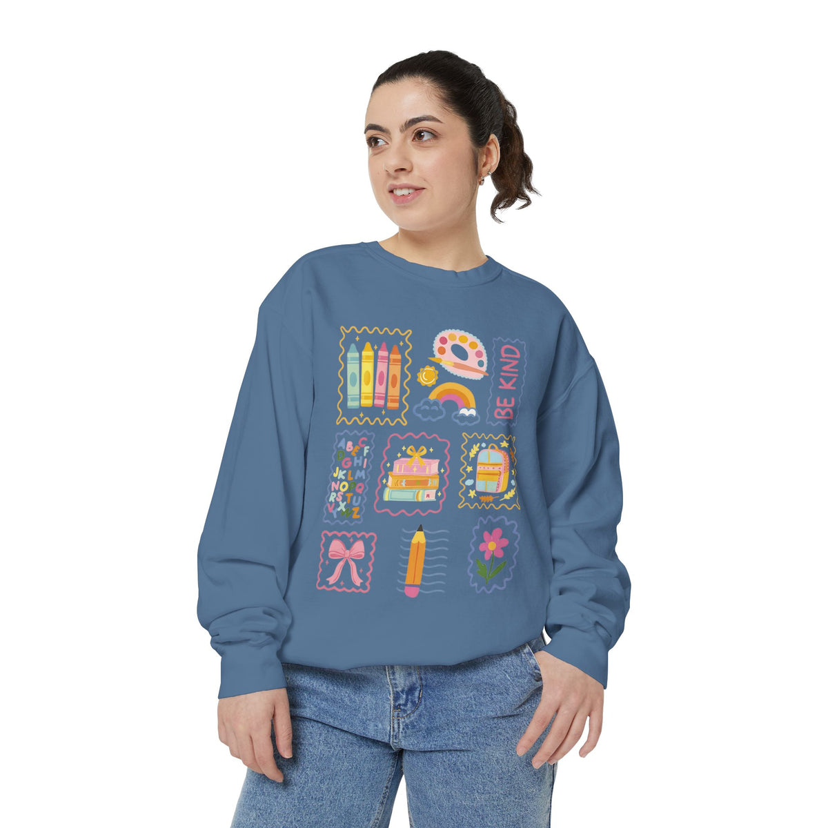 Be Kind Teacher Sweatshirt with Colorful Crayons & School Supplies
