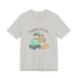 Gray t-shirt with a graphic of a person and dog sitting together and 'Together Forever' text on a white background.
