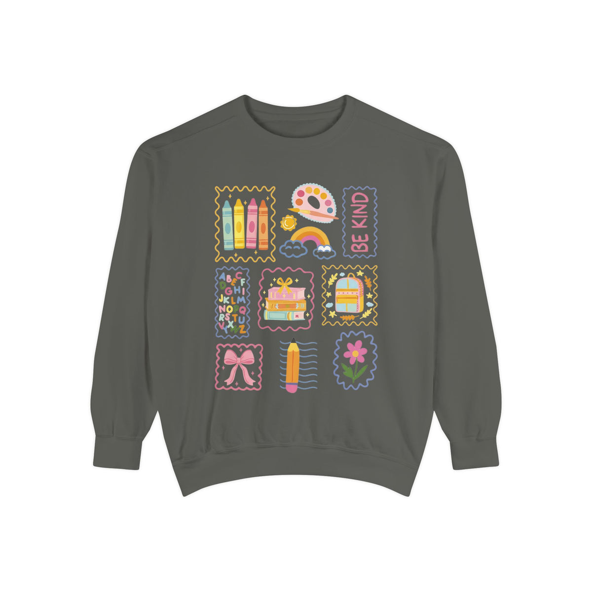 Be Kind Teacher Sweatshirt with Colorful Crayons & School Supplies