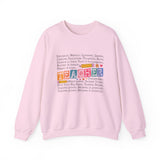 Pink sweatshirt with colorful text on a white background