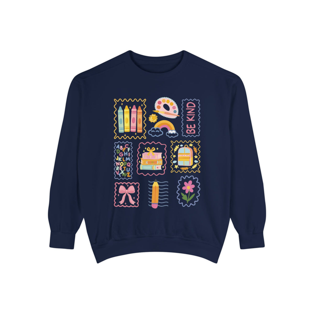 Be Kind Teacher Sweatshirt with Colorful Crayons & School Supplies