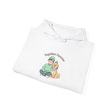 White shirt with a printed design of a person and dog sitting together on a white background