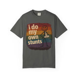 I Do My Own Stunts stick figure with arm sling T-shirt | vintage rainbow graphic