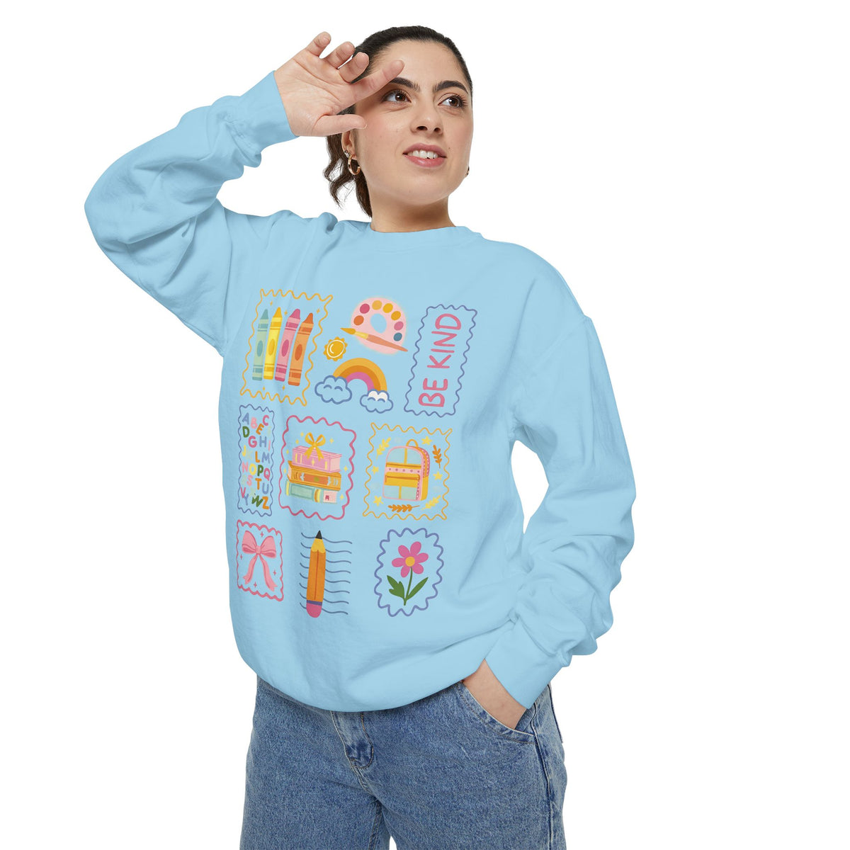 Be Kind Teacher Sweatshirt with Colorful Crayons & School Supplies