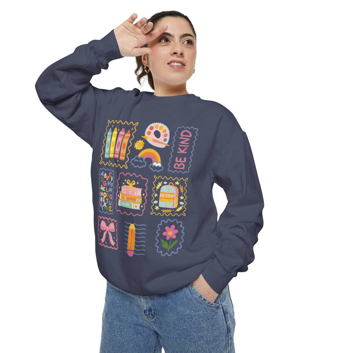 Be Kind Teacher Sweatshirt with Colorful Crayons & School Supplies