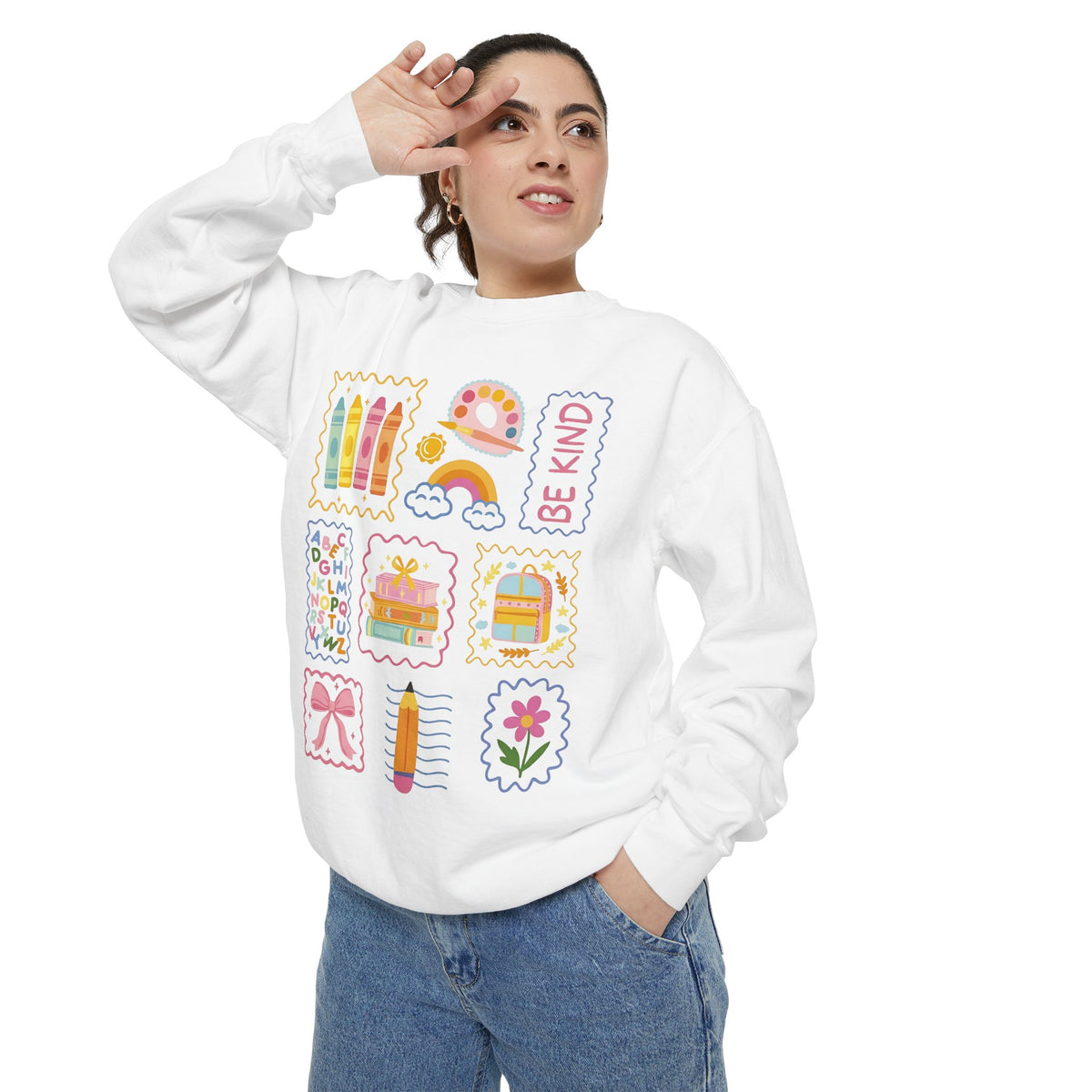 Be Kind Teacher Sweatshirt with Colorful Crayons & School Supplies