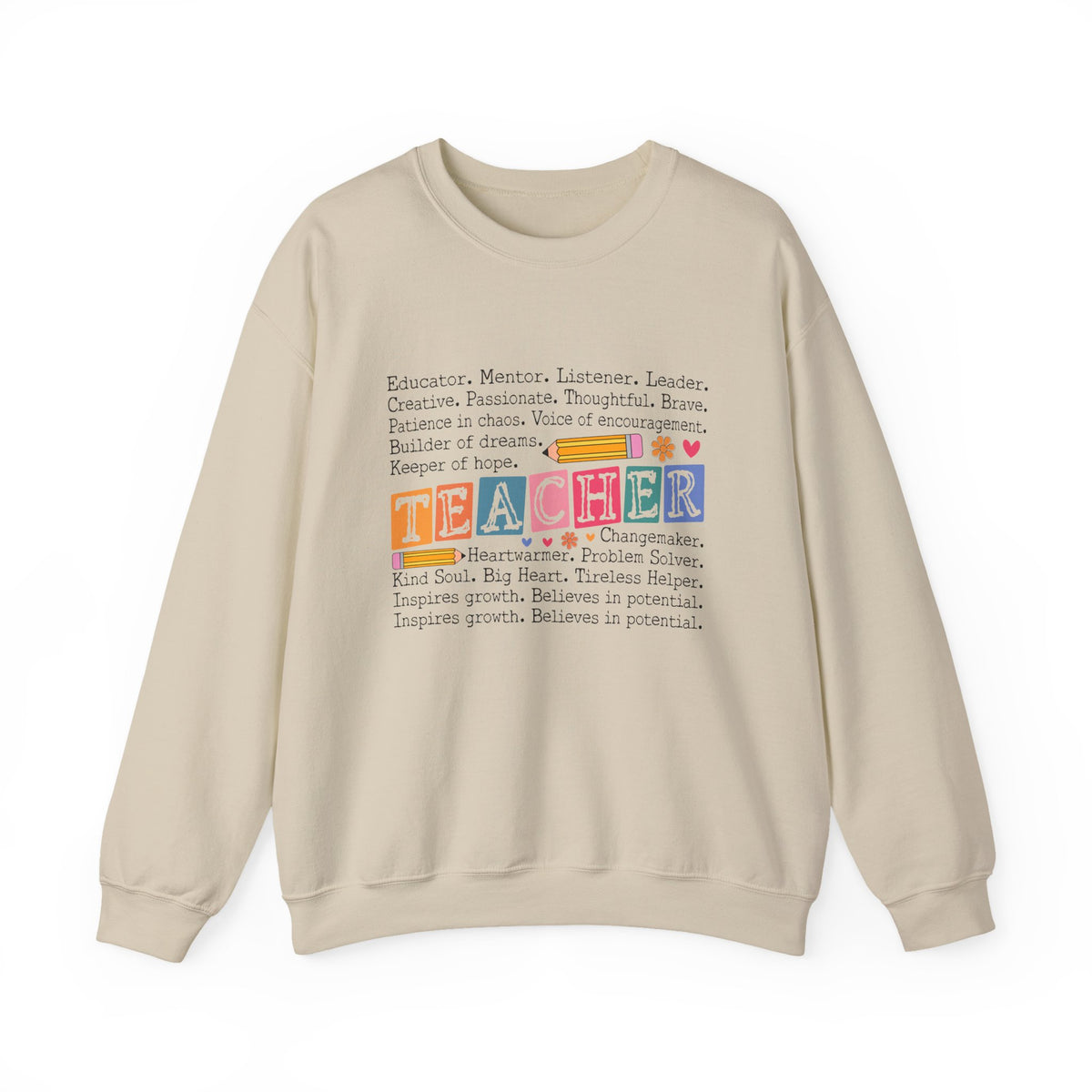 Beige sweatshirt with colorful text on a white background