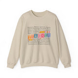 Beige sweatshirt with colorful text on a white background