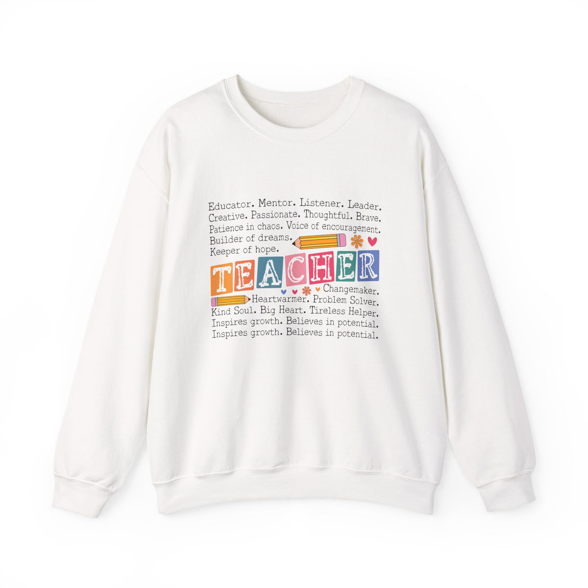 White sweatshirt with colorful text on a white background