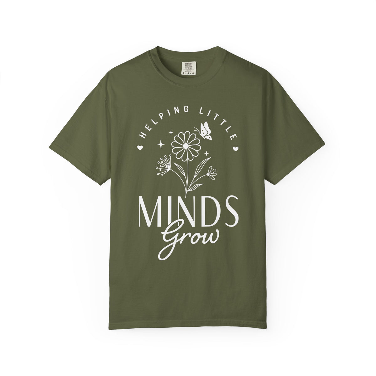 A green crewneck t-shirt with a white graphic print on the front that reads 'HELPING LITTLE MINDS Grow' with a flower and butterfly illustration, shown on a plain green background.