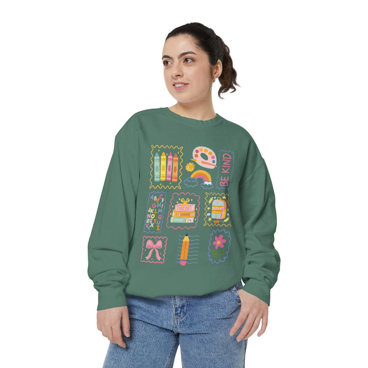 Be Kind Teacher Sweatshirt with Colorful Crayons & School Supplies