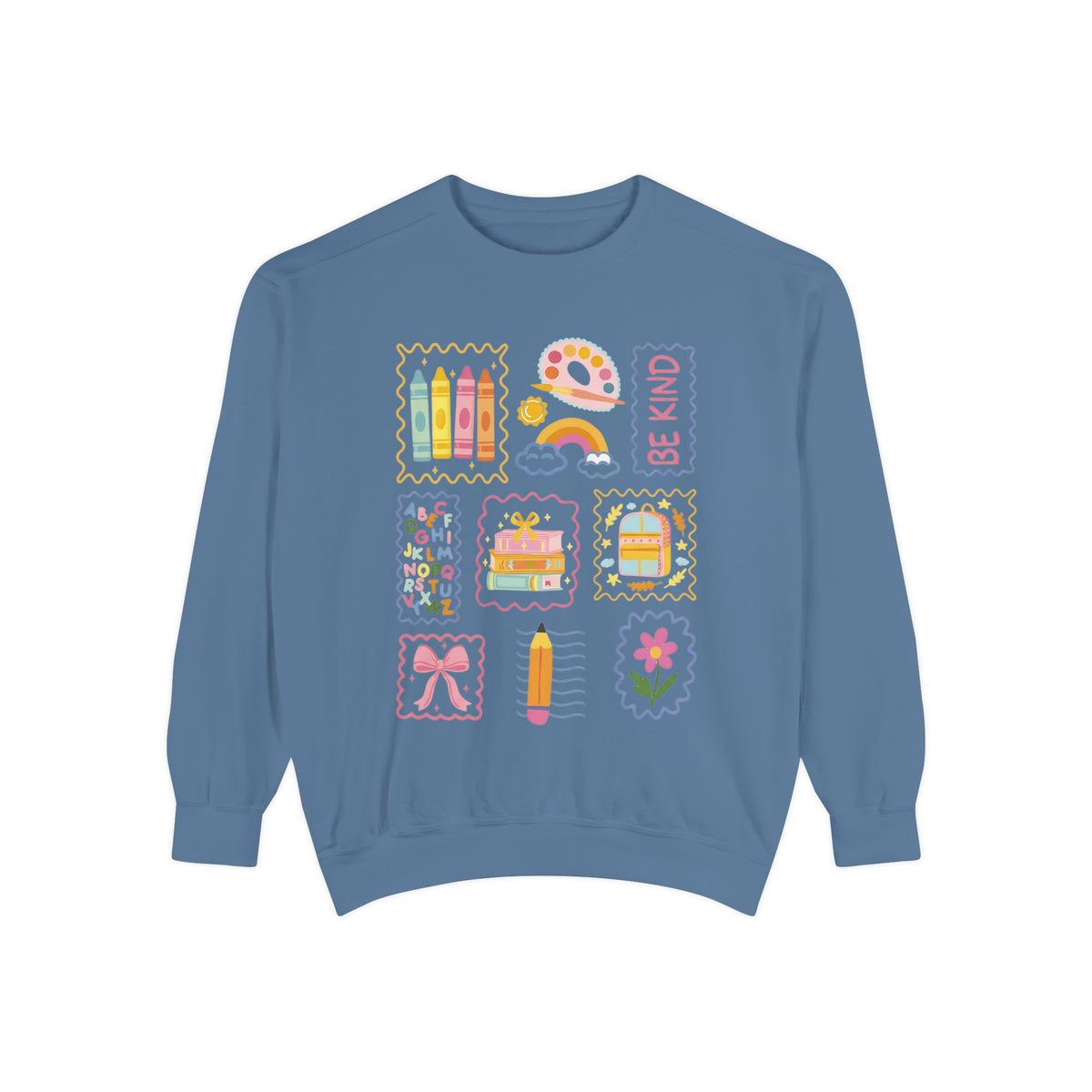 Be Kind Teacher Sweatshirt with Colorful Crayons & School Supplies
