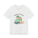White t-shirt with a graphic of a person and dog sitting together with 'Together Forever' text on a white background.