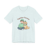 Light blue t-shirt with a graphic of a person and dog sitting together and 'Together Forever' text on a white background.