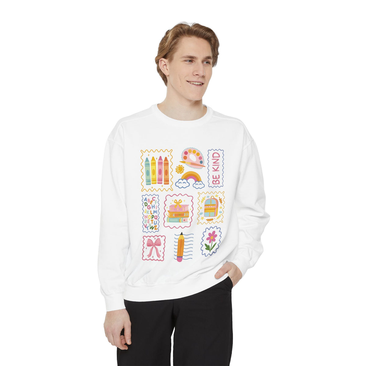 Be Kind Teacher Sweatshirt with Colorful Crayons & School Supplies