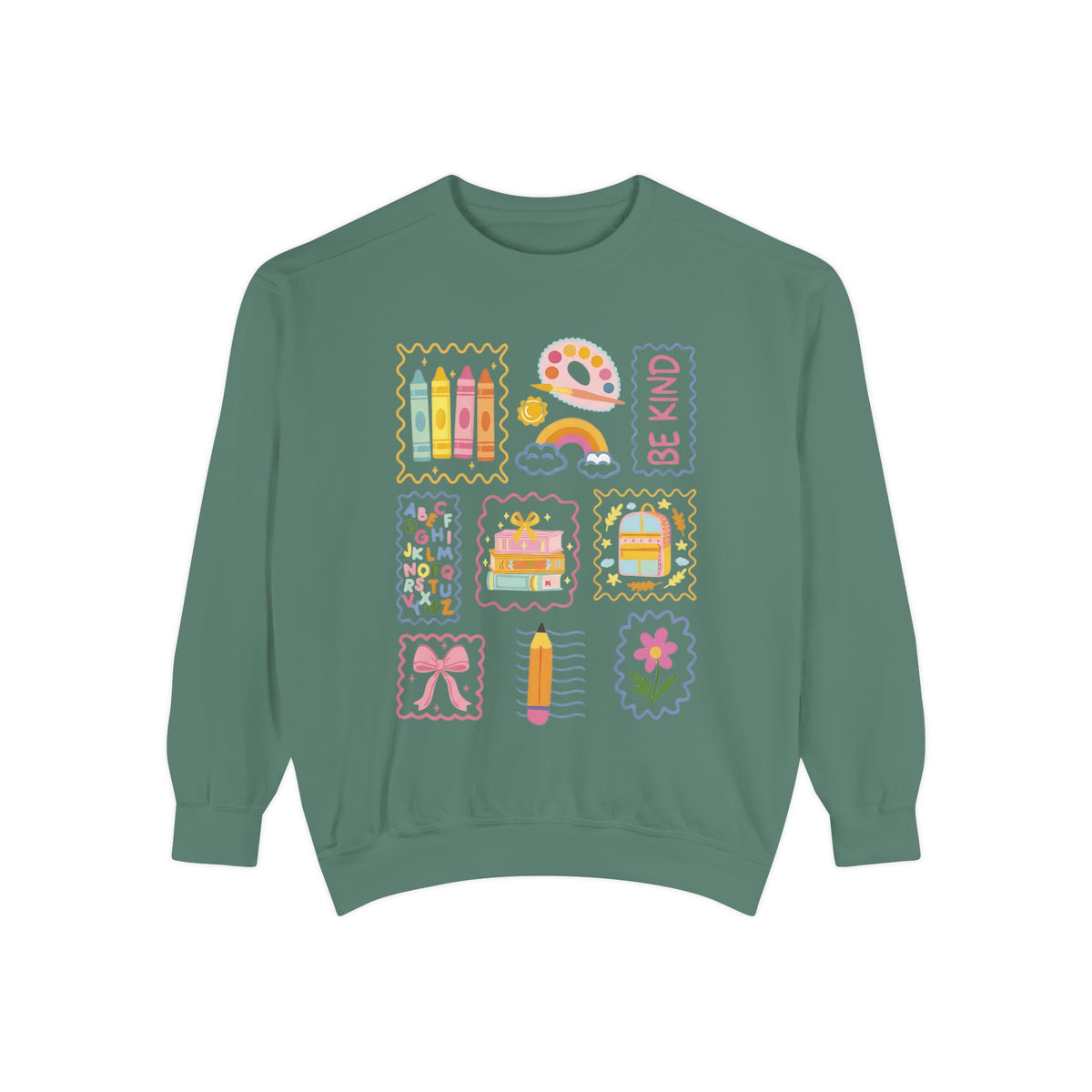 Be Kind Teacher Sweatshirt with Colorful Crayons & School Supplies