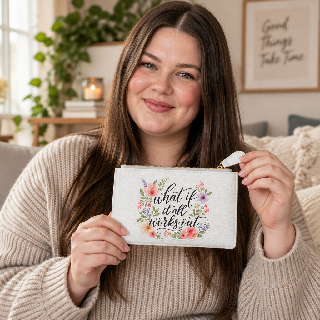 A smiling woman in a beige knit sweater holds up a white zip pouch with a colorful floral design and the phrase 'what if it all works out' in black script. The background shows a cozy living room setting with a couch, houseplant, and framed wall art.