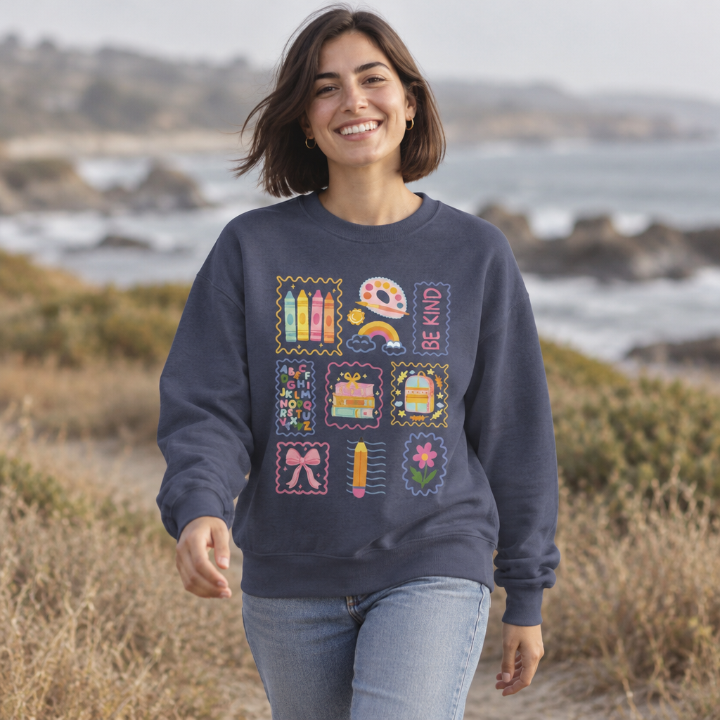 Be Kind Teacher Sweatshirt with Colorful Crayons & School Supplies