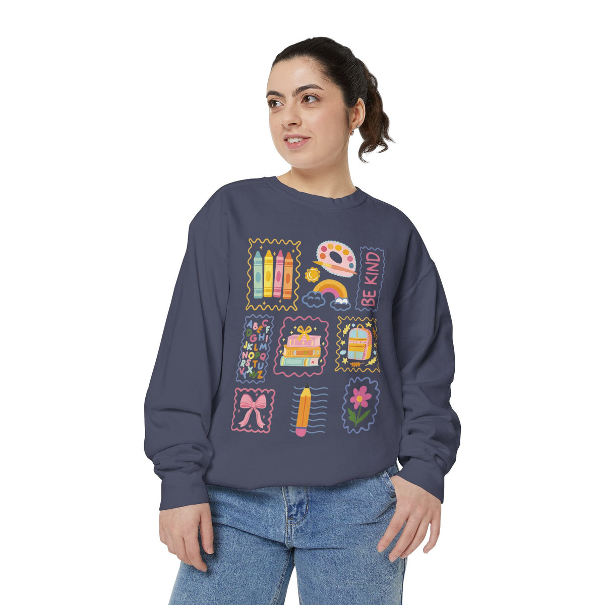 Be Kind Teacher Sweatshirt with Colorful Crayons & School Supplies