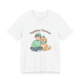 White t-shirt with a graphic of a person and dog sitting together with 'Together Forever' text on a white background.