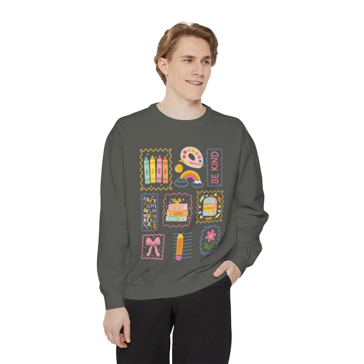 Be Kind Teacher Sweatshirt with Colorful Crayons & School Supplies