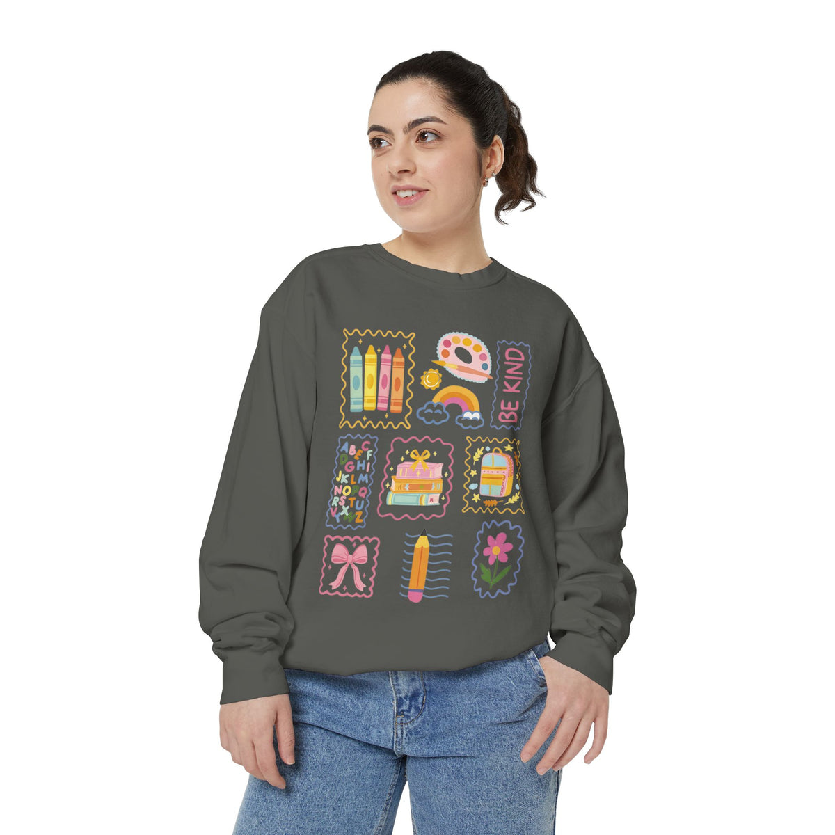 Be Kind Teacher Sweatshirt with Colorful Crayons & School Supplies