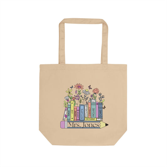 Floral Bookshelf Pencil Teacher Tote Bag | Personalized Eco Tote