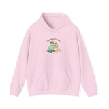 Pink hoodie with a graphic of a person and a dog on a white background